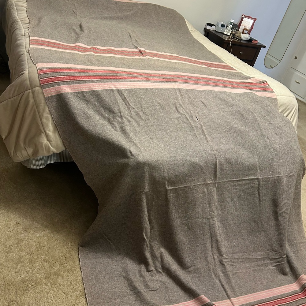 Vintage Gray Wool Blanket with Pink Stripes